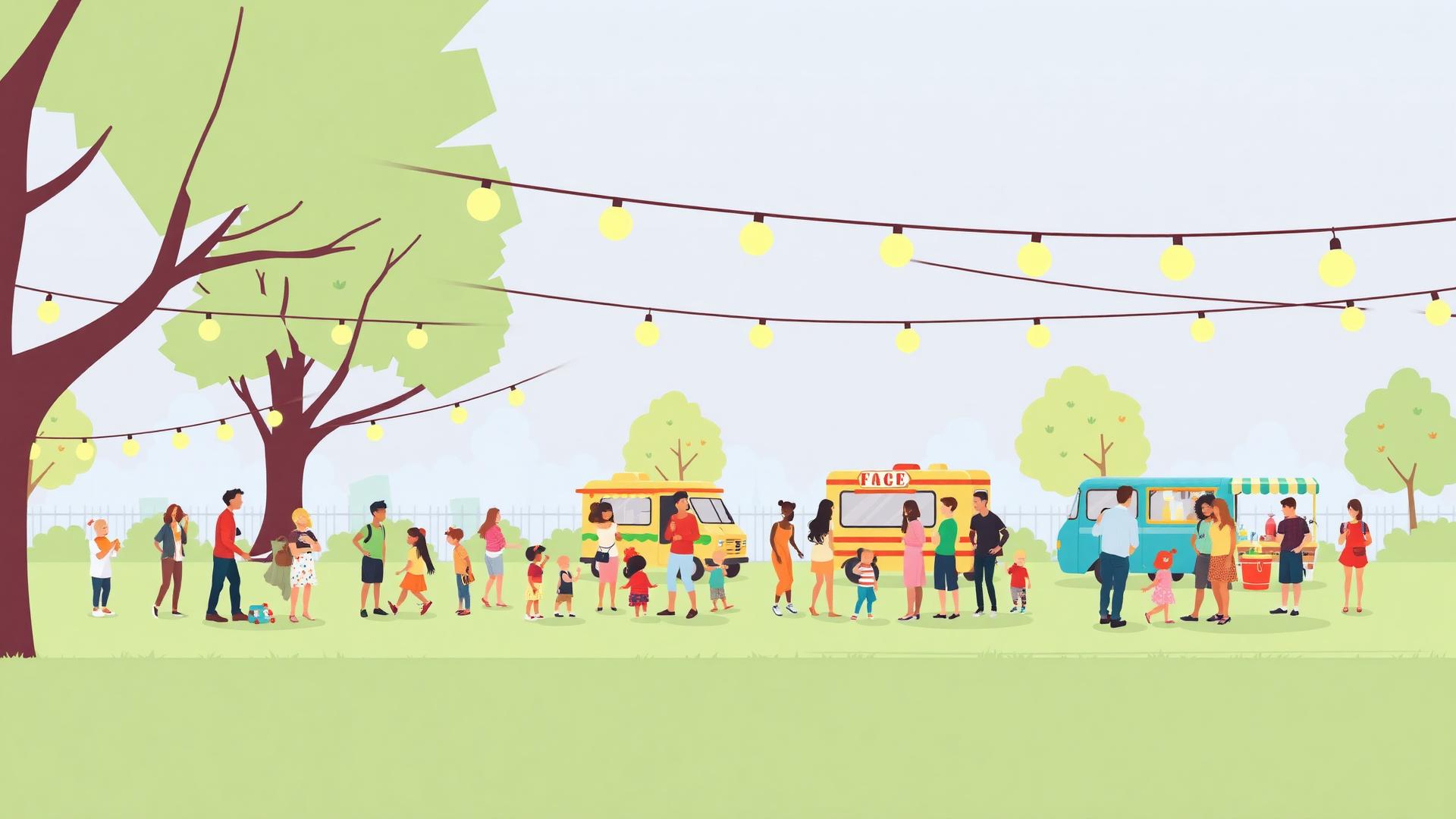 Illustrated families gathering at a community block party with food trucks and string lights